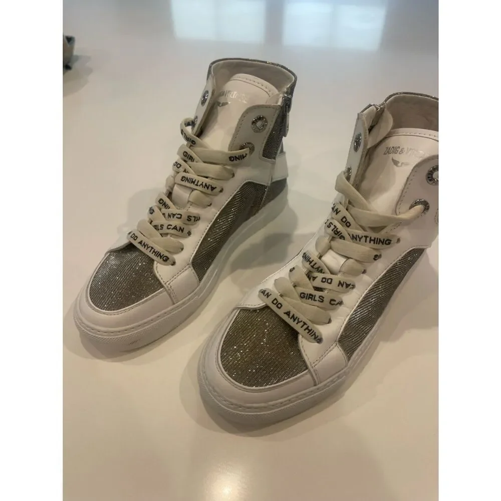 $448 -Zadig & Voltaire ZV1747 High Flash Sneakers Size 36 Hightop Silver Shoes